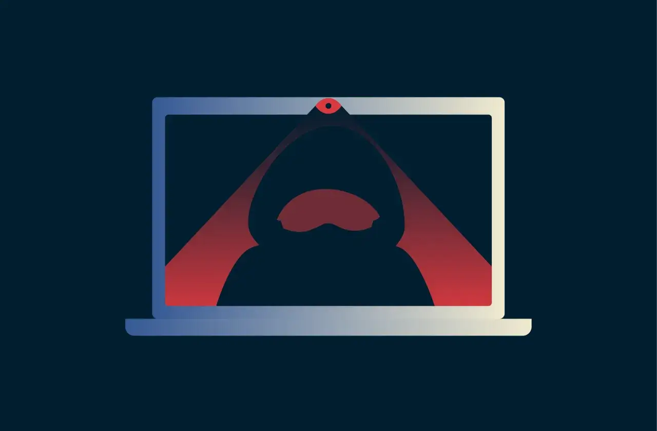 Ein Laptop mit einer roten Kamera, die einen dunklen, Kapuzen-Mann im Inneren beleuchtet. Ein Symbol für webcam hacken.
