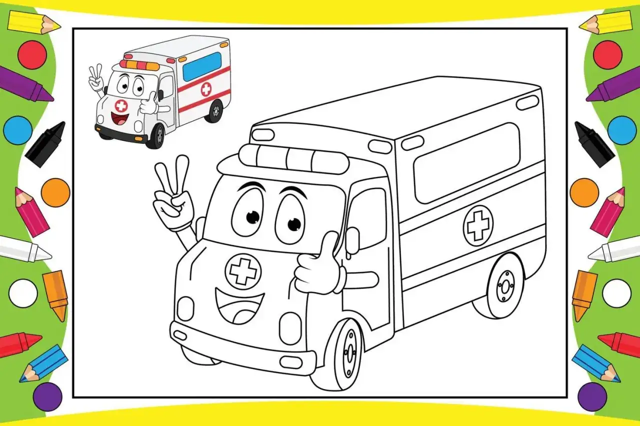 Ambulancia para colorear con cara sonriente y pulgar arriba. &iexcl;Lista para que le des vida con tus colores!