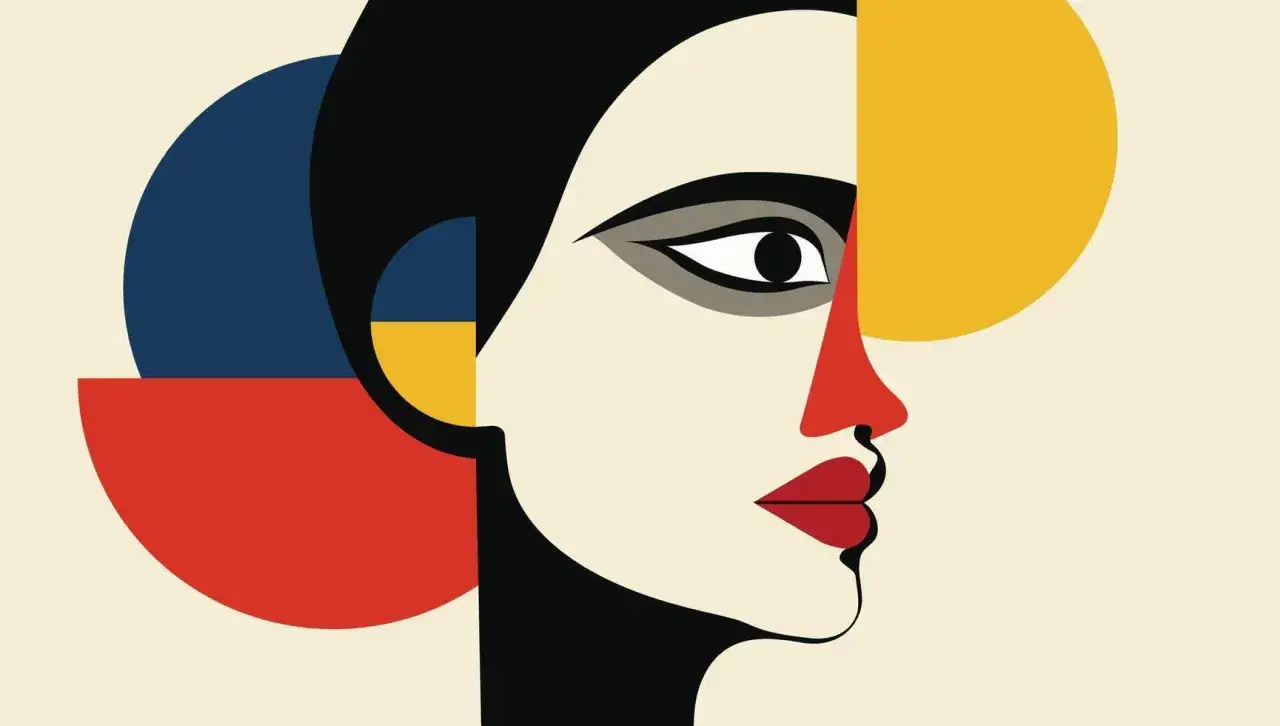 Portret kobiety w stylu sztuka abstrakcyjna, z geometrycznymi kształtami i żywymi kolorami.