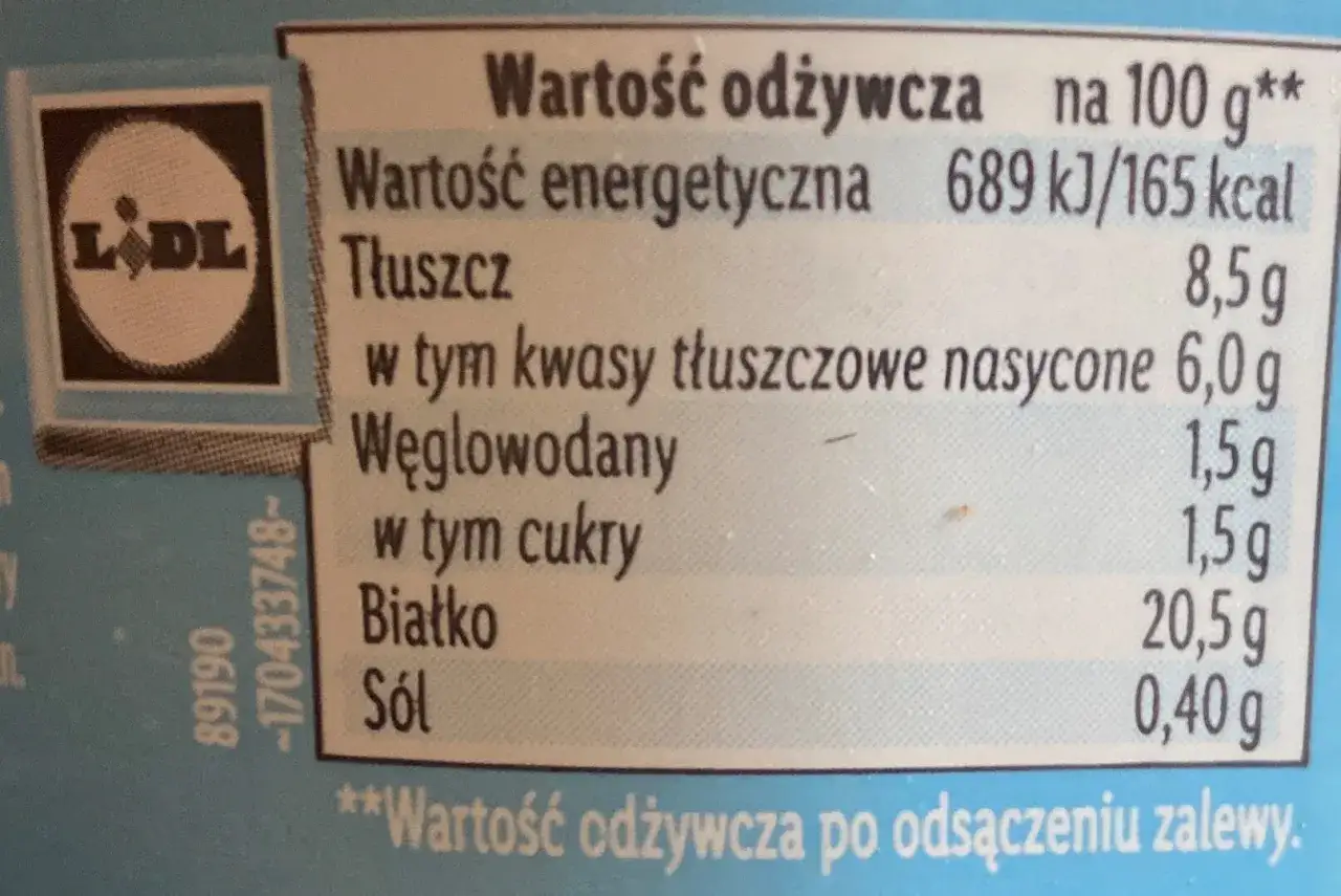 Etykieta z informacją o wartościach odżywczych dla mozzarella light: 165 kcal na 100g, niskotłuszczowa.