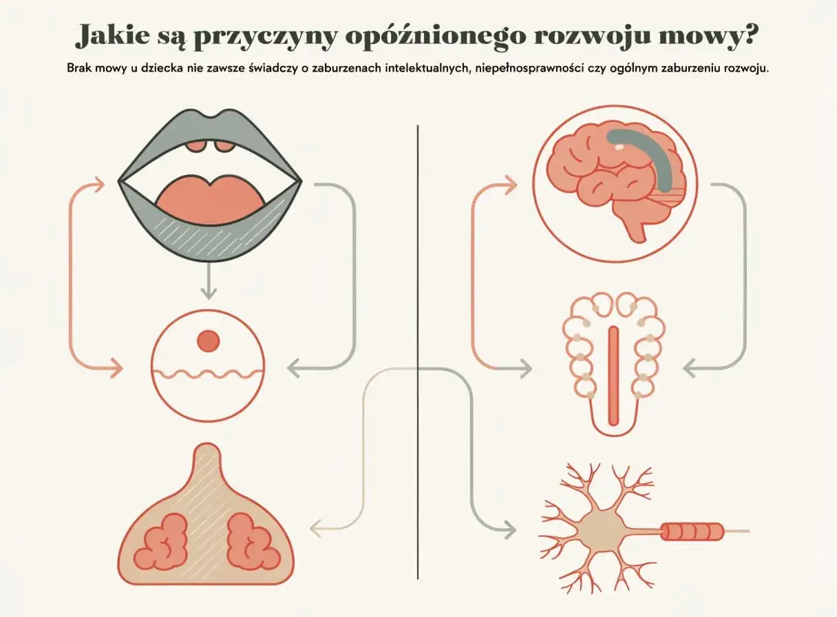 Schemat ilustruje przyczyny opóźnionego rozwoju mowy. Pokazuje usta, mózg, neuron i gruczoły, sugerując, że brak mowy u dziecka nie zawsze oznacza problem.