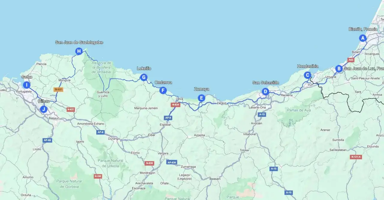 Mapa de una ruta por el norte de España, mostrando ciudades como San Sebastián, Bilbao y San Juan de Gaztelugatxe.