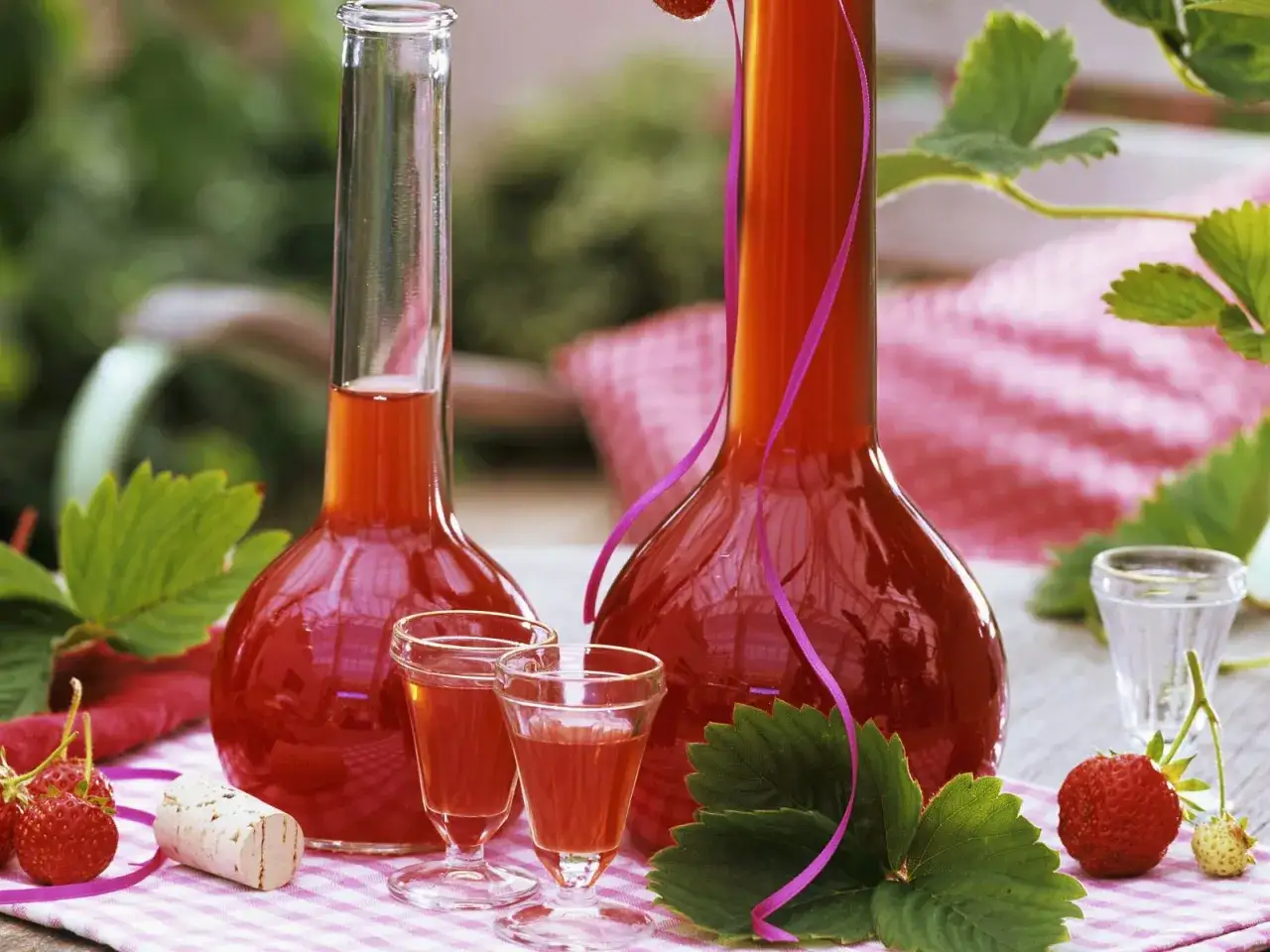 Zwei Flaschen mit rot-orangenem Erdbeerschnaps, frische Erdbeeren und Blätter. Perfekt, um Erdbeerschnaps selber machen.