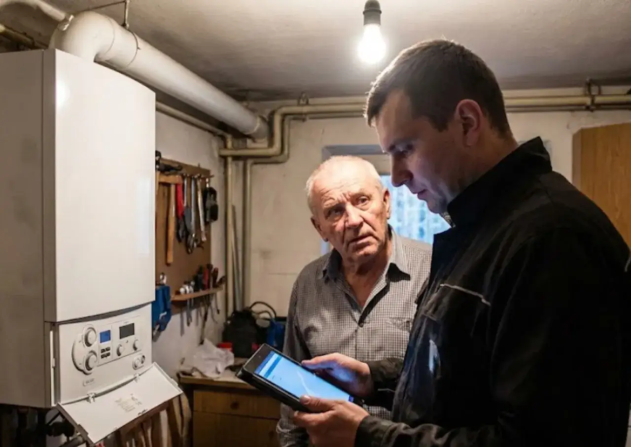Technik z tabletem obok starszego mężczyzny przy kotle gazowym. Dowiedz się, przegląd kominiarski co ile jest zalecany.