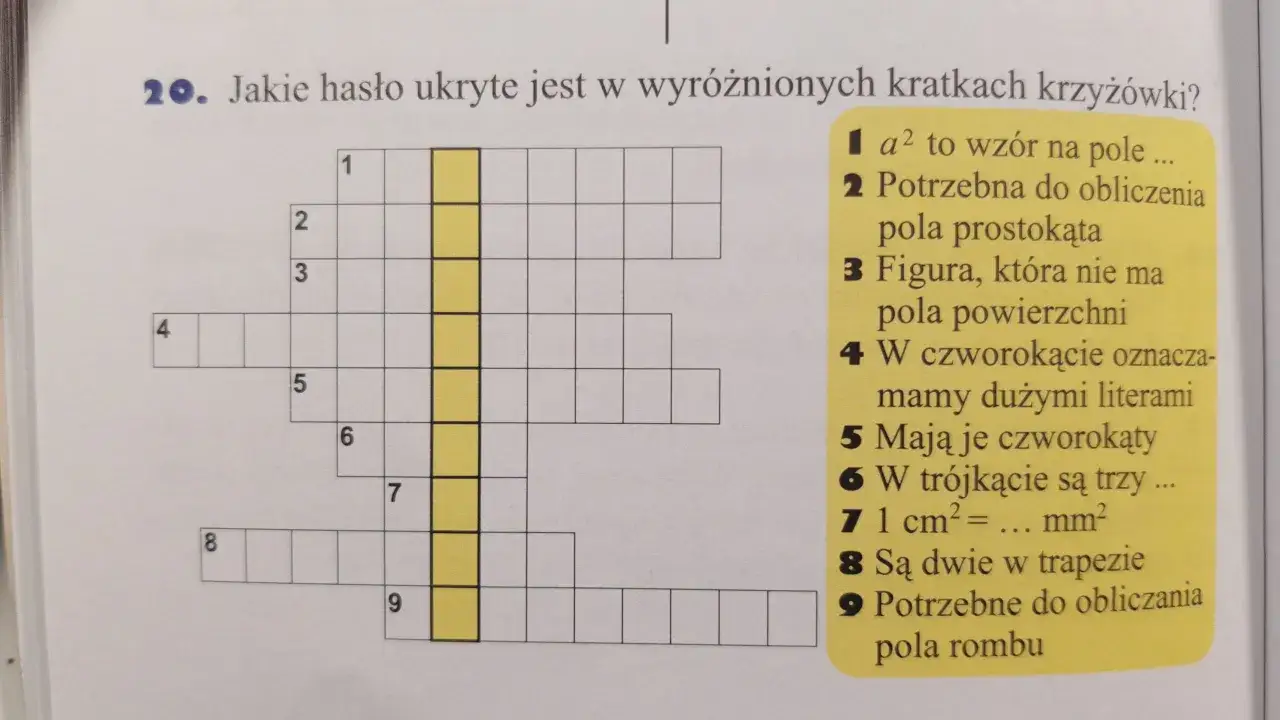 Krzyżówka z matematyki. Zasady układania diagramu krzyżówki: dbanie o symetrię i czarne pola. Rozwiązanie ukryte w zaznaczonych kratkach.