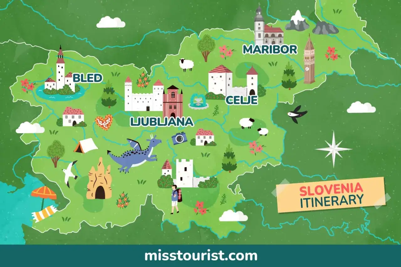 Karta Slovenien med illustrationer av slott, en drake, f&aring;r och platser som Bled, Ljubljana, Maribor och Celje. Perfekt f&ouml;r en resa till Slovenien.