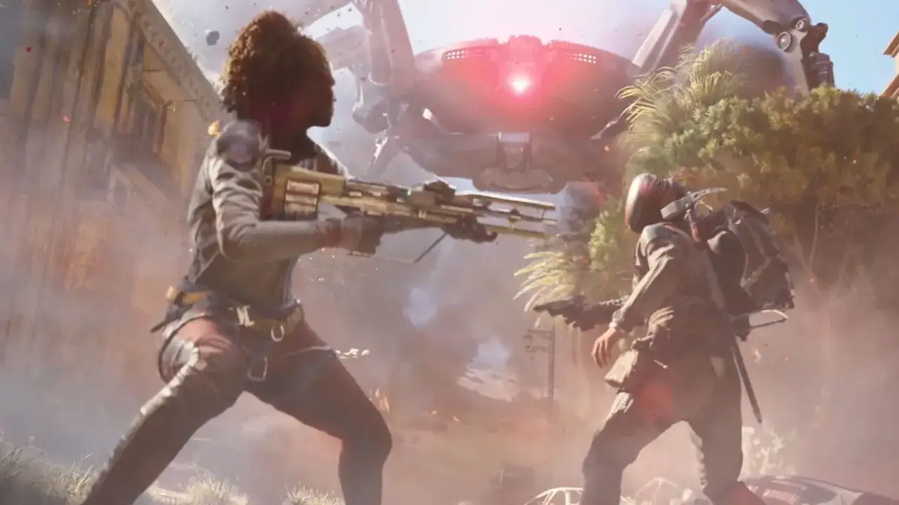 Dwie postacie z bronią w ręku walczą z gigantycznym robotem. Zapowiada się ekscytująca premiera Arc Raiders!