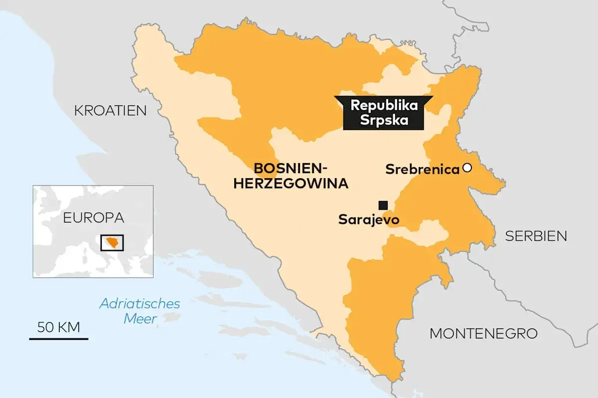 Karte von Bosnien-Herzegowina mit Srebrenica, Ort des V&ouml;lkermords. Die Republik Srpska ist hervorgehoben.