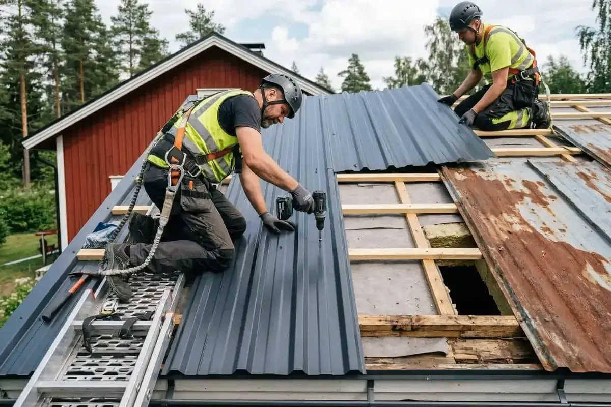 Tv&aring; takl&auml;ggare byter ut ett gammalt pl&aring;ttak mot nytt. En skruvar fast en ny pl&aring;t, den andra h&aring;ller en.
