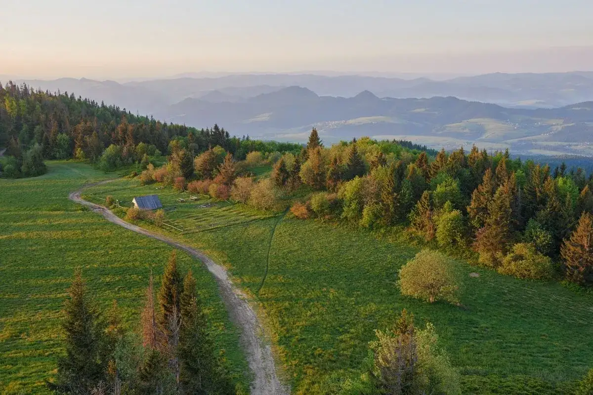 Malownicza droga prowadzi przez zielone wzgórza do małej chatki. Idealne miejsce na hiking po polsku, z widokiem na łagodne góry w oddali.