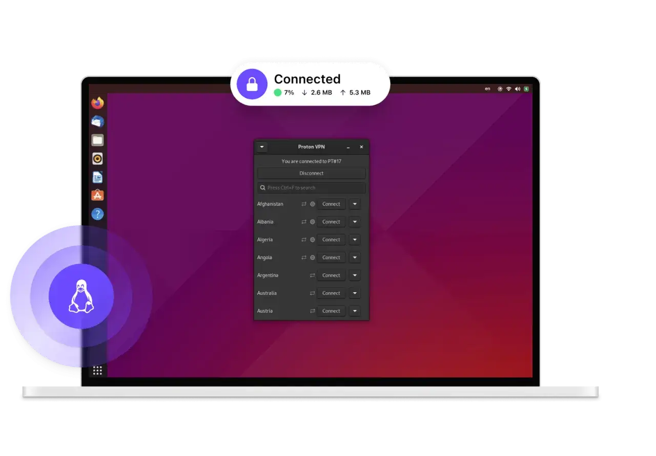 Conexi&oacute;n segura con Proton VPN en Linux. El icono de Tux, el ping&uuml;ino de Linux, aparece en un c&iacute;rculo conc&eacute;ntrico.