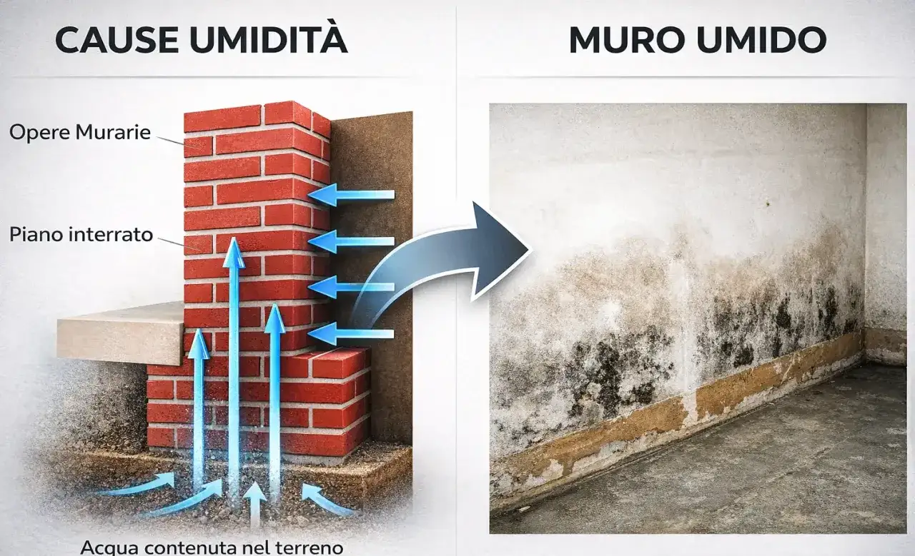 Illustrazione mostra come l'umidità del terreno risale nelle murature, causando muffa e degrado. Un problema che un buon intonaco minerale può prevenire.