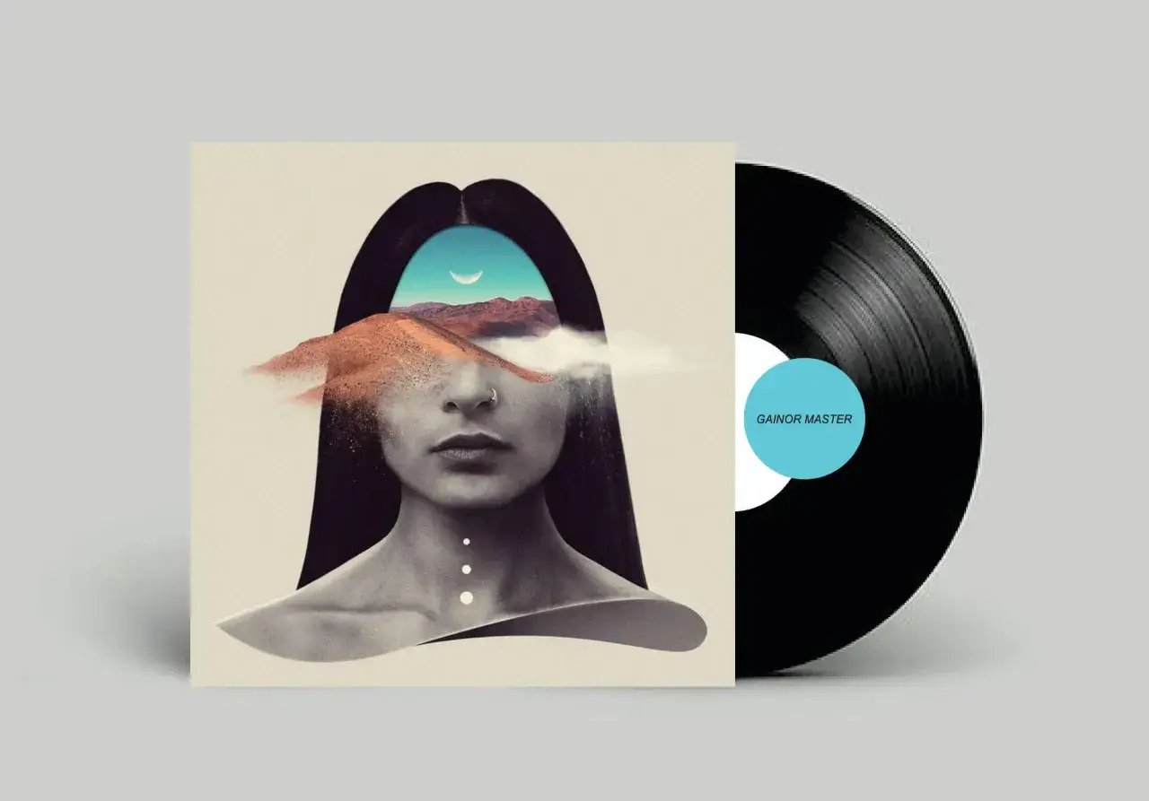 Diseño para crear portada CD: rostro femenino con paisaje desértico y luna creciente en su interior. Disco de vinilo al lado.