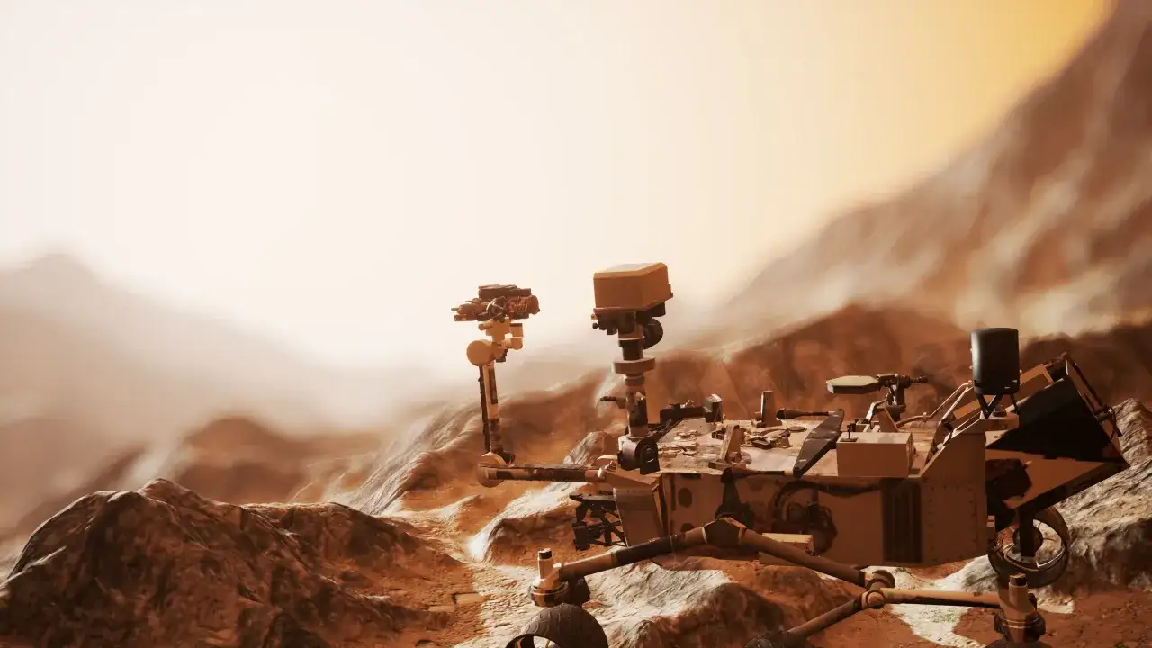 En rymdfarkost p&aring; Mars utforskar den r&ouml;da planetens karga landskap.