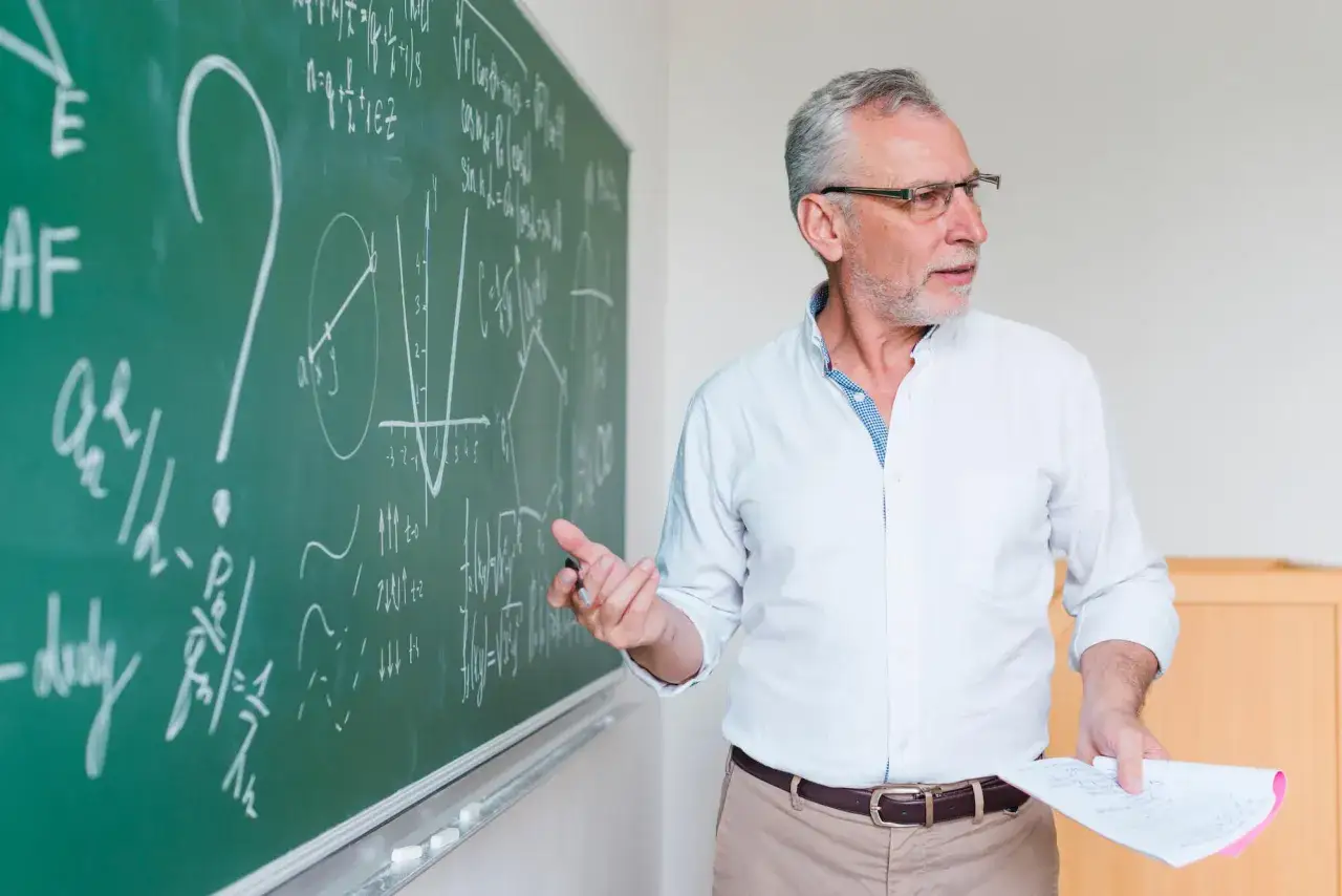 Nauczyciel z tablicą pełną wzorów matematycznych, jakby tworzył nowe **art 20 kn**.