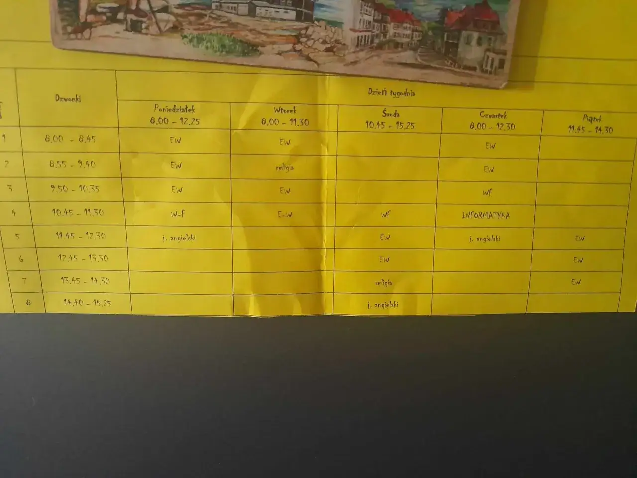 Harmonogram lekcji z wykreśleniem religii ze szkół, zgodnie z zapowiedziami ministry z Lewicy. Widać lekcje EW, WF, informatyki i j. angielskiego.
