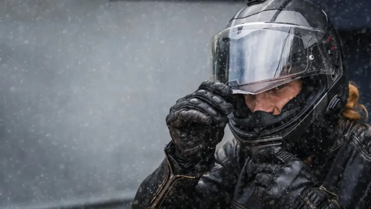 Motociclista con casco y guantes ajust&aacute;ndose para no pasar fr&iacute;o en moto. La nieve cae sobre su equipo.