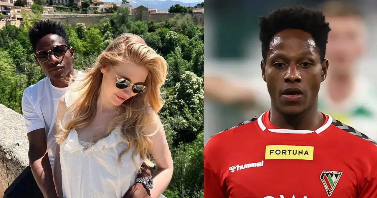 Joel Valencia z żoną na tle zieleni i w stroju piłkarskim.