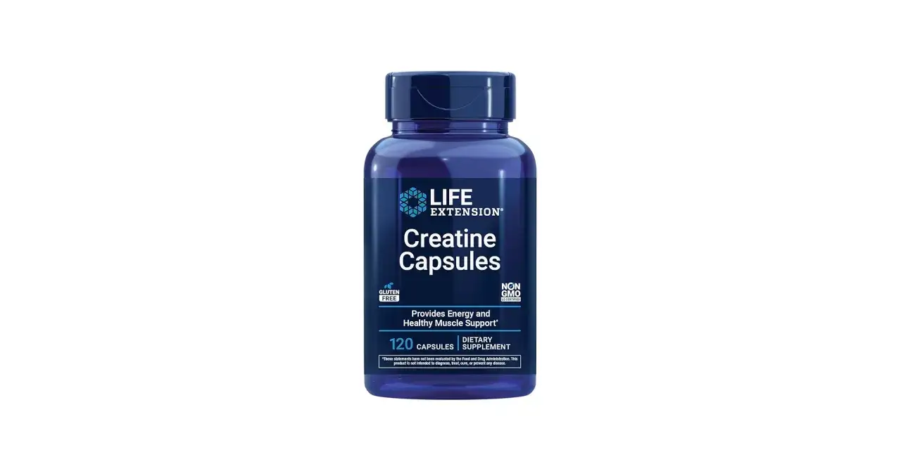 Flacone blu di capsule di creatina Life Extension, senza glutine e OGM. Informazioni sulle controindicazioni della creatina sono importanti prima dell'uso.