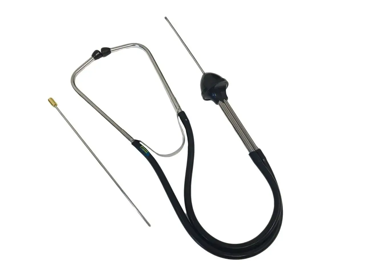 A mechanic's stethoscope with two metal probes, ready to diagnose an engine ticking noise.
