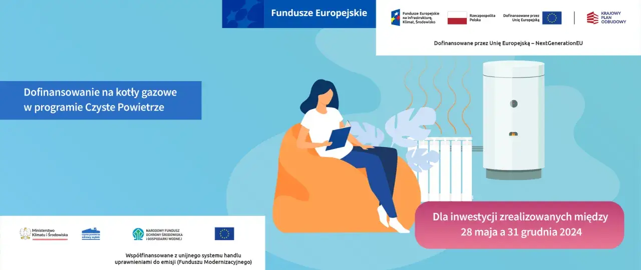 Dofinansowanie na wymianę starego pieca gazowego na nowy w programie Czyste Powietrze. Grafika przedstawia kobietę czytającą książkę obok nowego kotła gazowego.