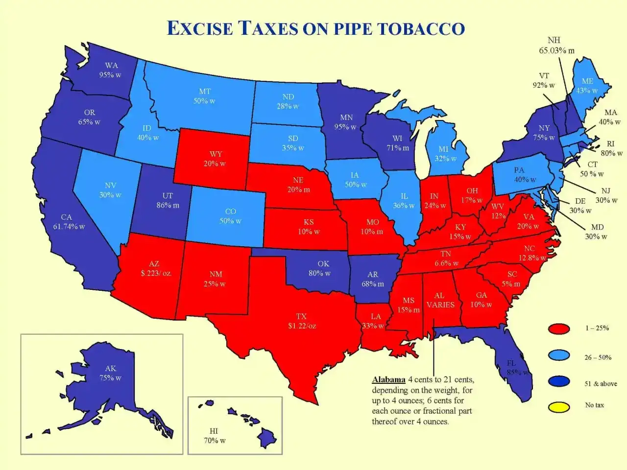 Mapa USA z podatkami od tytoniu fajkowego. Ceny papieros&oacute;w w USA r&oacute;żnią się w zależności od stanu, od 5% w Karolinie Południowej do 95% w Waszyngtonie i Minnesocie.