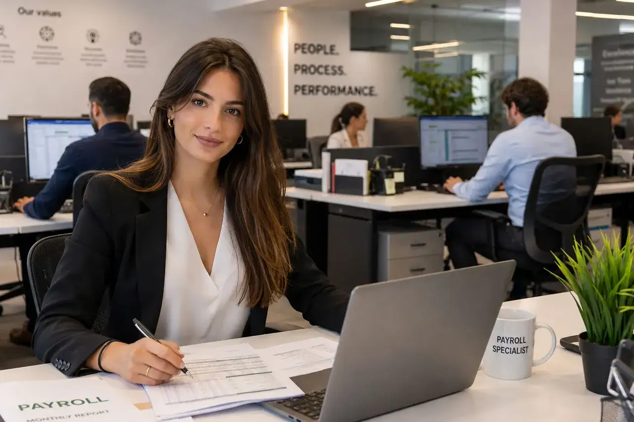 Donna al lavoro in ufficio, concentrata sui fogli di calcolo e sul report mensile. Gestisce le buste paga, un aspetto cruciale delle risorse umane stipendio.