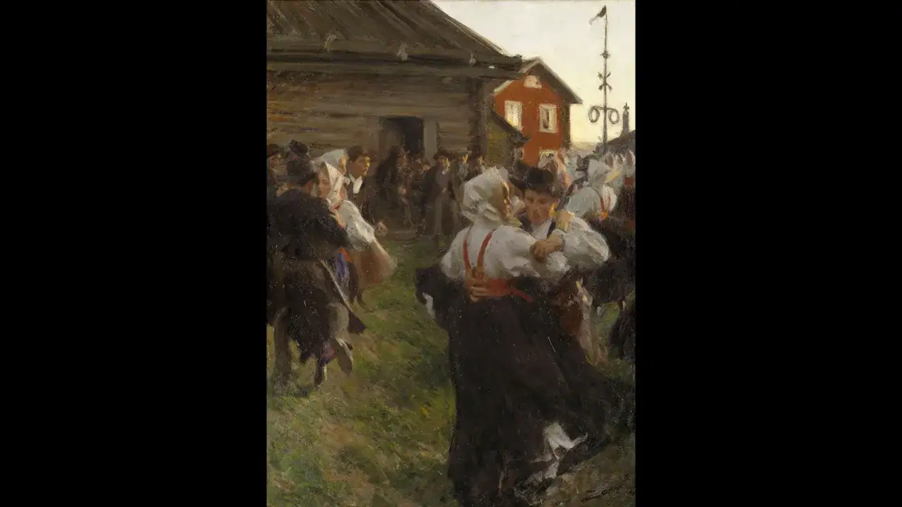Zorns Midsommardans fångar glädjen i en folklig dans. Människor i folkdräkter virvlar runt i gräset framför en träbyggnad.