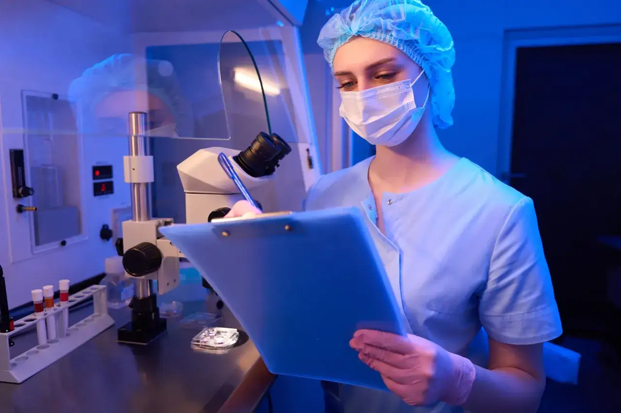 Naukowczyni w masce i czepku, w różowych rękawiczkach, notuje wyniki badań pod mikroskopem. W tle probówki i sprzęt laboratoryjny, sugerujące precyzyjną punkcję.