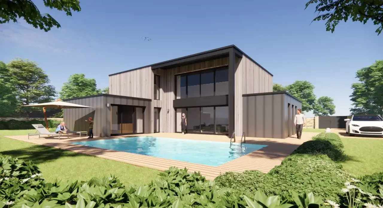 Une **petite maison passive** moderne avec piscine et terrasse en bois. Des personnes profitent du soleil, une voiture électrique est garée.