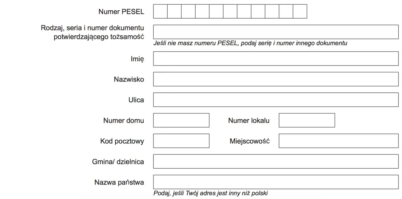 Formularz danych osobowych: PESEL, imię, nazwisko, adres. Dane potrzebne, by ustalić, kto może starać się o ponowne przeliczenie emerytury.