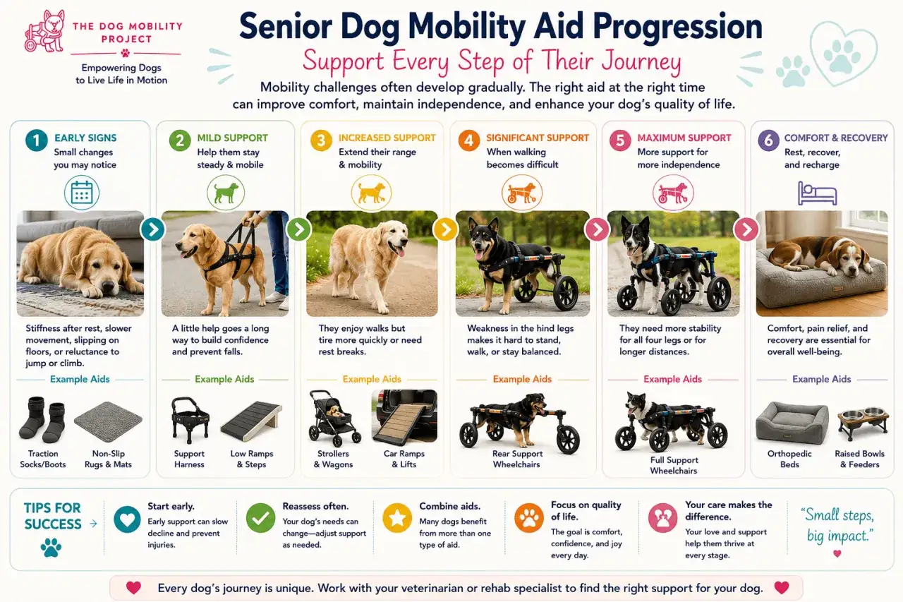 Perros con artrosis: progresión de ayudas de movilidad. Desde señales tempranas hasta soporte máximo, cada etapa ayuda a tu perro.