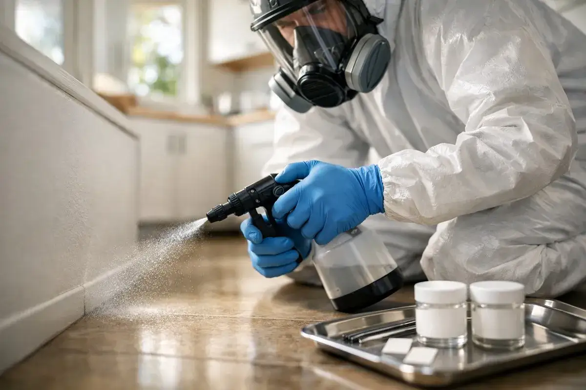 Person i skyddsdr&auml;kt och gasmask sprayar vid golvlisten, kanske f&ouml;r att sanera en gammal asbest plastmatta.