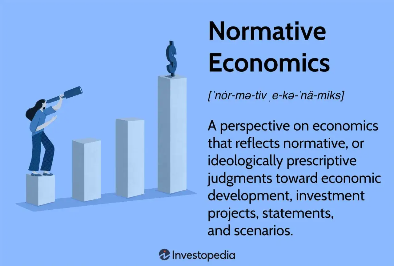 Una mujer observa el futuro econ&oacute;mico con un catalejo, sobre barras de crecimiento. La econom&iacute;a normativa y positiva gu&iacute;an la visi&oacute;n.