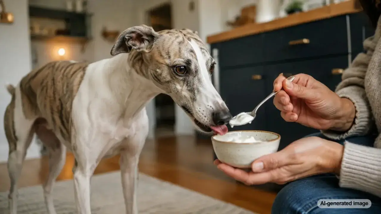 Un perro whippet prueba yogur de una cuchara. ¡Los perros pueden comer yogur!