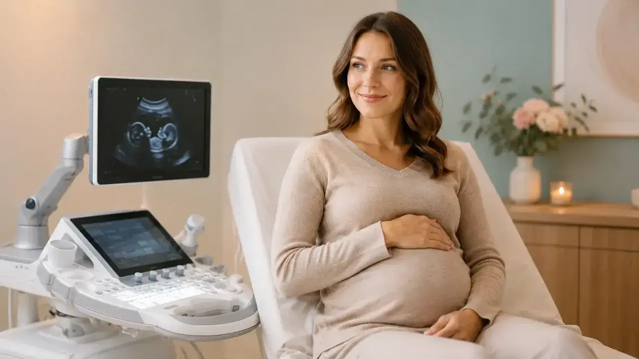 Glückliche Frau, schwanger mit 41, hält ihren Bauch. Ultraschallbild zeigt ein Baby.