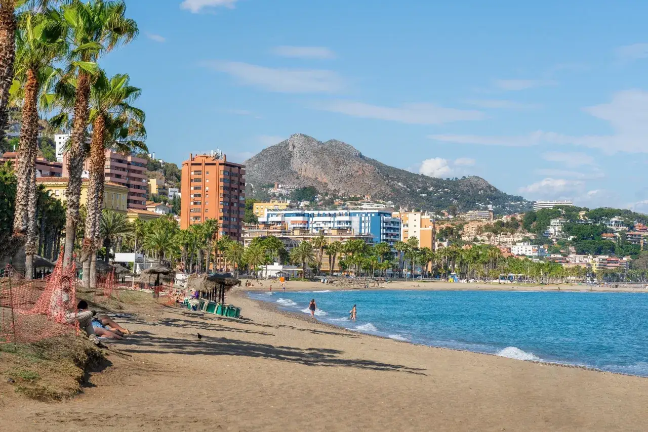 Malaga co zobaczyć: piaszczysta plaża z palmami, turkusowe morze i zabudowania w tle. Idealne miejsce na relaks.