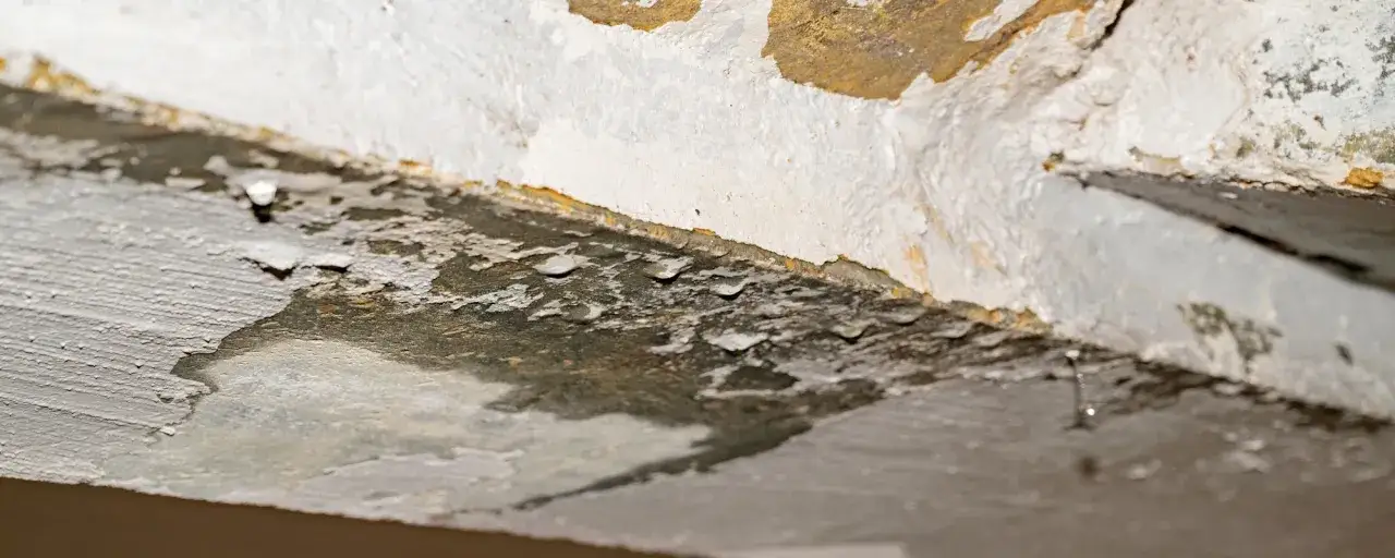 Abblätternde Farbe und feuchte Stellen an einer Kellerdecke deuten auf eine erhöhte Luftfeuchtigkeit im Keller hin, die nicht normal ist.