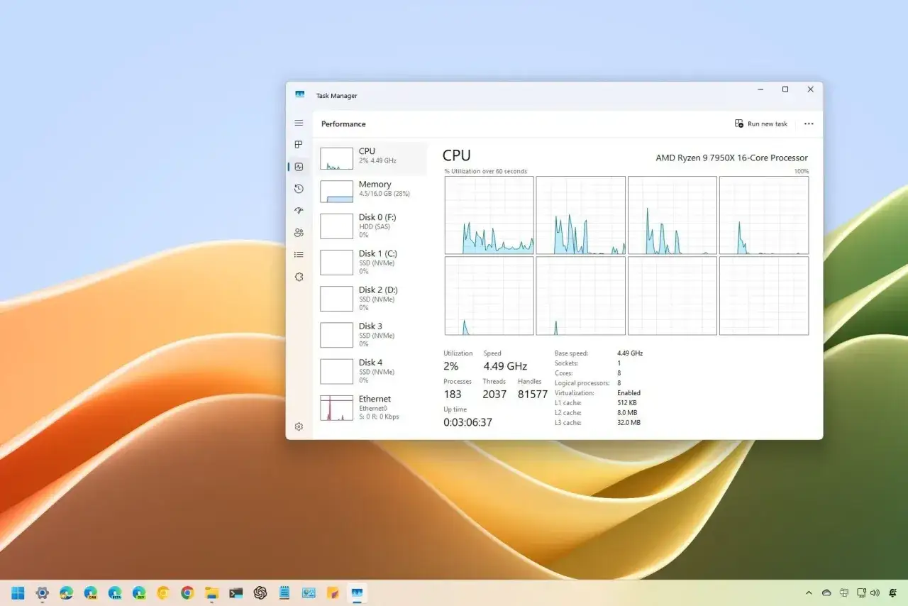 Menedżer zadań pokazuje, jak sprawdzić ilość rdzeni procesora. Widoczny jest procesor AMD Ryzen 9 7950X 16-Core.
