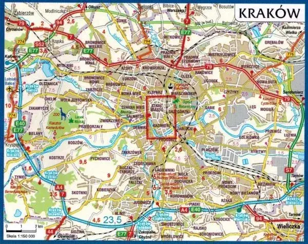 Mapa Krakowa z zaznaczonym Starym Miastem, Kazimierzem i dzielnicami ościennymi