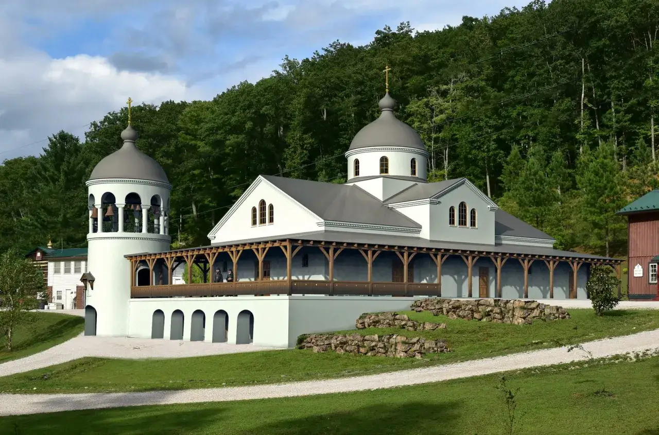 A serene scene of Christian monasteries nestled against a lush green forest. A bell tower and domed church stand prominently, with monks visible on the veranda.