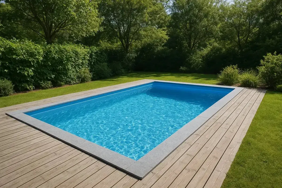 En inbjudande, djup pool med klart blått vatten omgiven av en träaltan och grönskande trädgård. Perfekt för avkoppling.