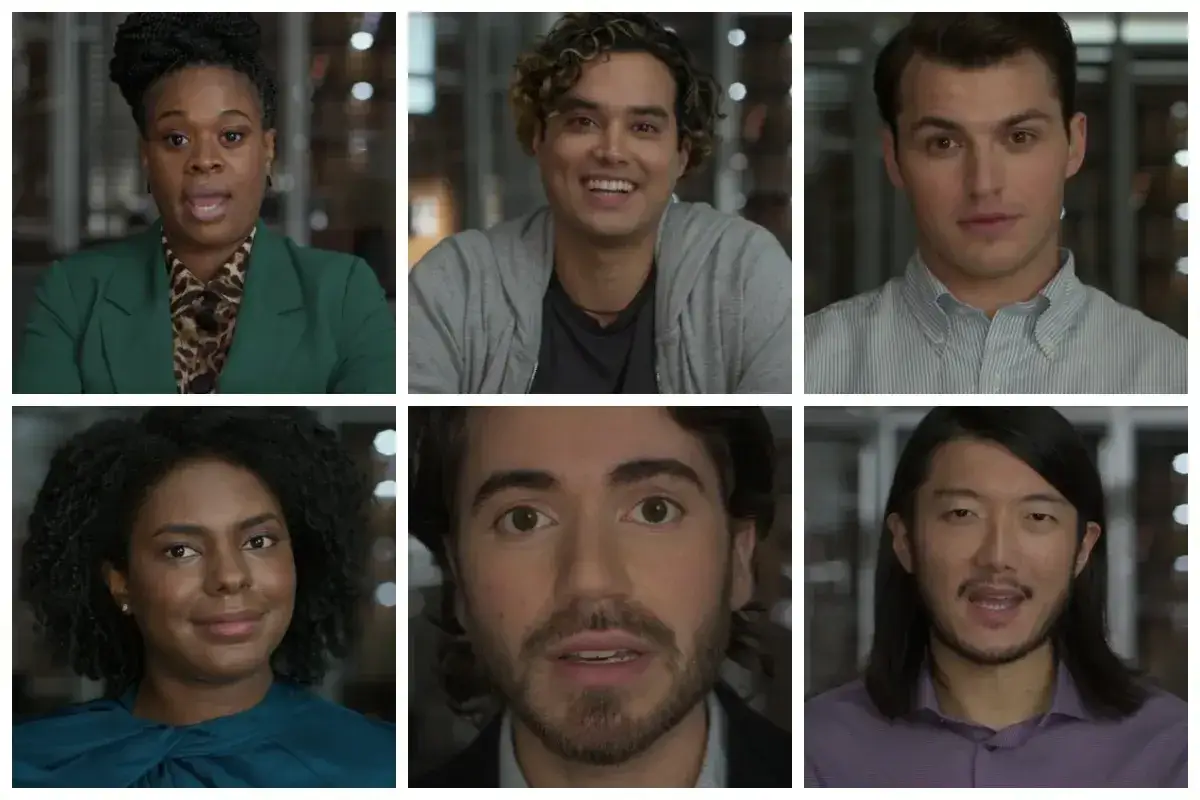 Sechs Gesichter der Besetzung von The Good Doctor: eine Frau in grünem Blazer, ein lachender Mann im Hoodie, ein Mann im gestreiften Hemd, eine Frau im blauen Oberteil, ein Mann mit Bart und ein Mann mit langen Haaren.