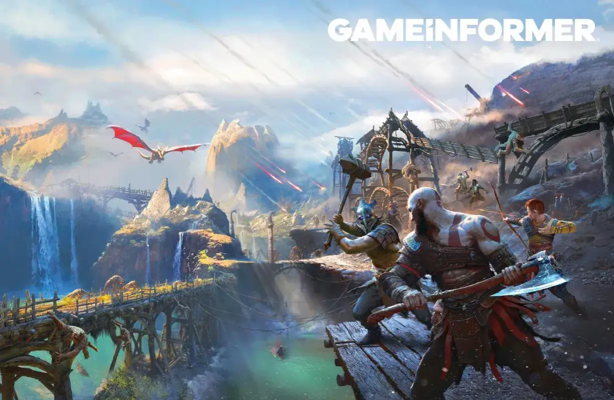 Kratos i Atreus walczą z wrogami na tle wodospadów i smoków. To scena z gry God of War Ragnarök, idealna do poradnika.
