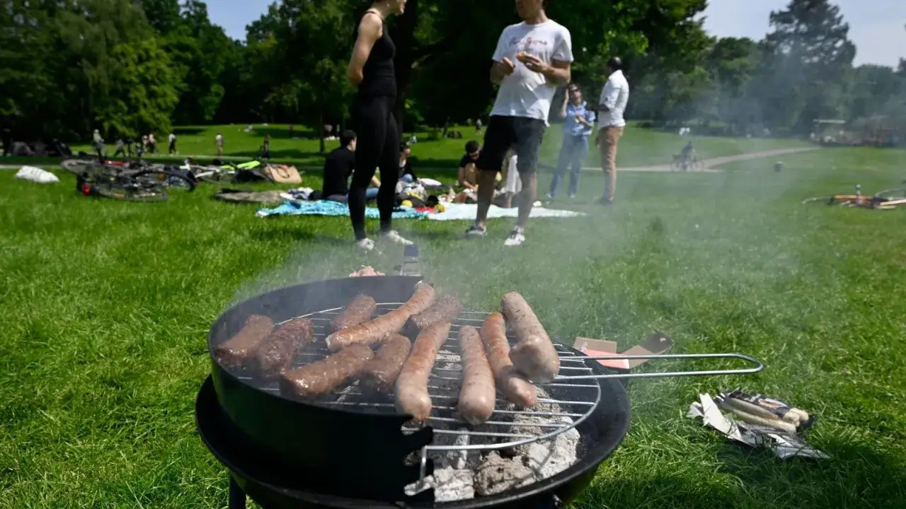 W&uuml;rstchen brutzeln auf einem Grill im Park. Ein typischer Grillplatz in Berlin, wo Menschen entspannen und die Sonne genie&szlig;en.