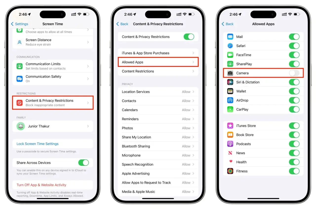Jak wyłączyć kamerę w iPhone: Ustawienia > Czas przed ekranem > Ograniczenia > Dozwolone aplikacje > Kamera. Przesuń suwak obok aparatu, aby go wyłączyć.