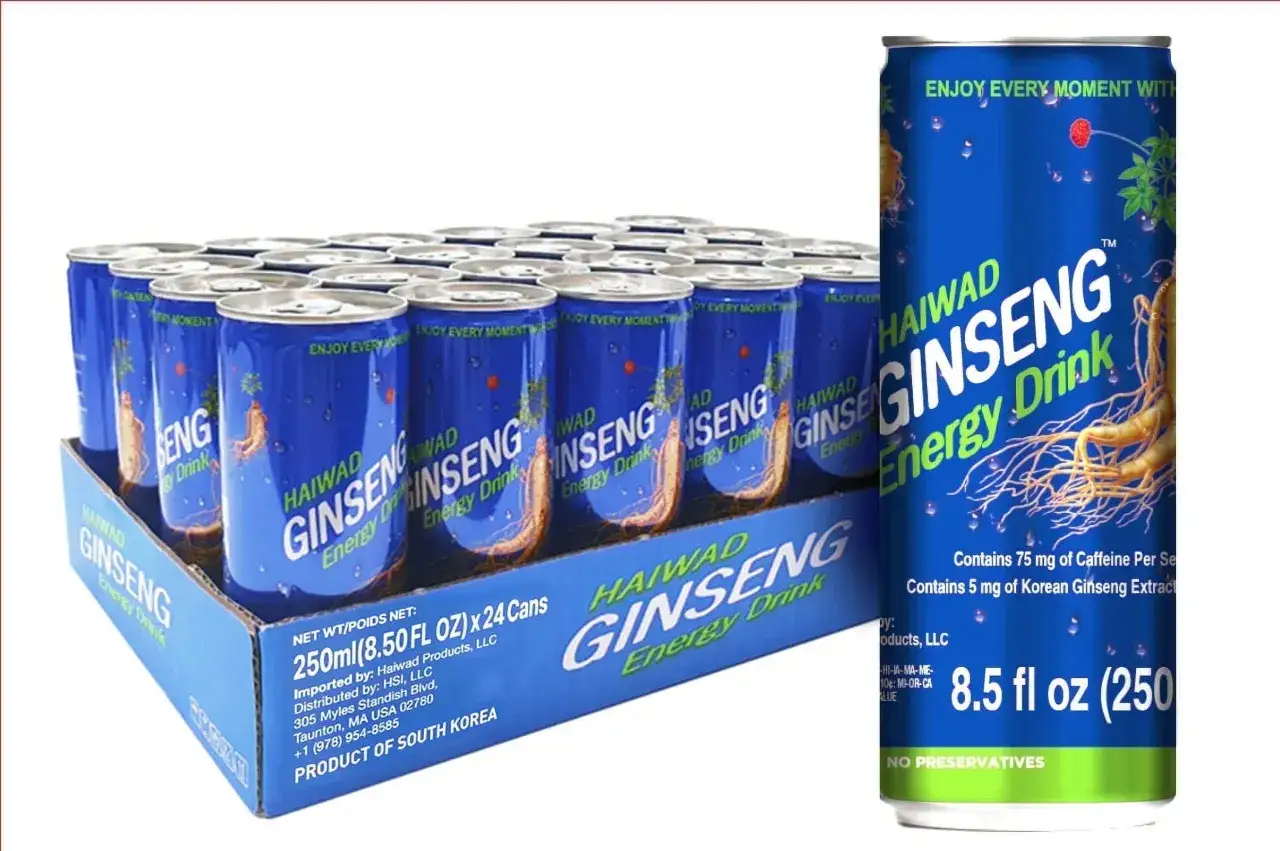 Bevanda energetica Haiwad Ginseng: scopri cosa contiene! Ogni lattina da 250ml offre 75mg di caffeina e 5mg di estratto di ginseng coreano.