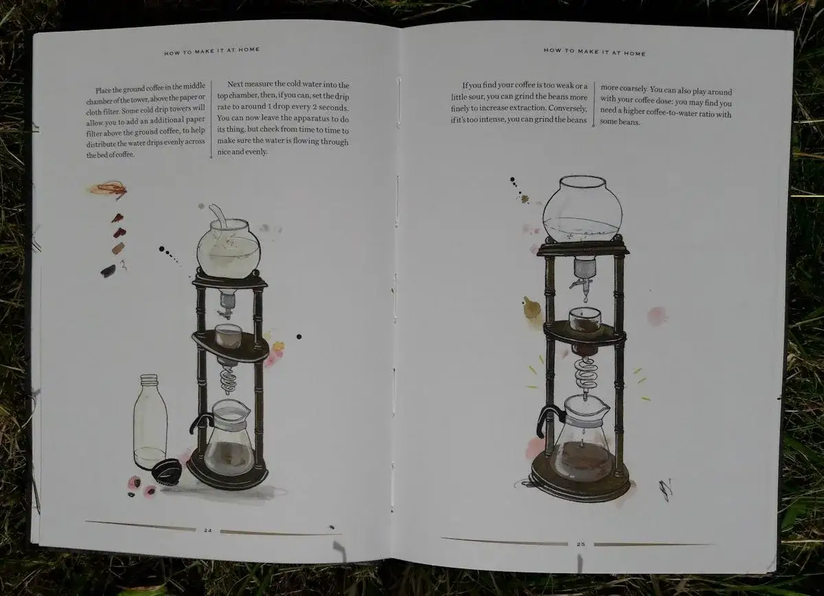 Illustration einer Cold-Brew-Kaffeemaschine, die die Funktion des langsamen Tropfens von Wasser durch Kaffee zeigt.