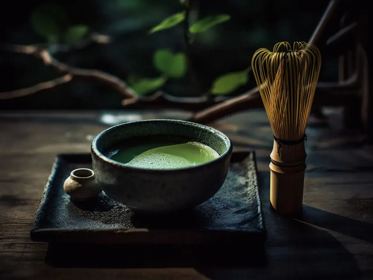 Miska z zieloną herbatą matcha i bambusowa miotełka. Warto znać herbata matcha przeciwwskazania przed spożyciem.
