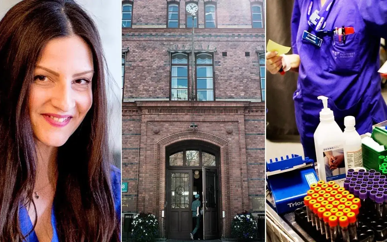 Joel Svenningsson, en kvinna, en tegelbyggnad och medicinsk utrustning.